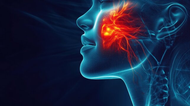 A combination of a realistic face rendering and a labeled trigeminal nerve diagram, with pain illustrated as a glowing red zone and text providing insights into neuralgia and its m illustration