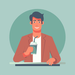 Cartoon man in a brown jacket smiles as he enjoys a cup of coffee, exuding warmth and contentment. Ideal for lifestyle and cozy-themed designs, the image captures a moment of relaxation and pleasure.