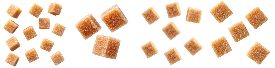 Closeup view of an artful arrangement of golden caramelized sugar cubes piled in a symmetrical pattern on a clean white studio background