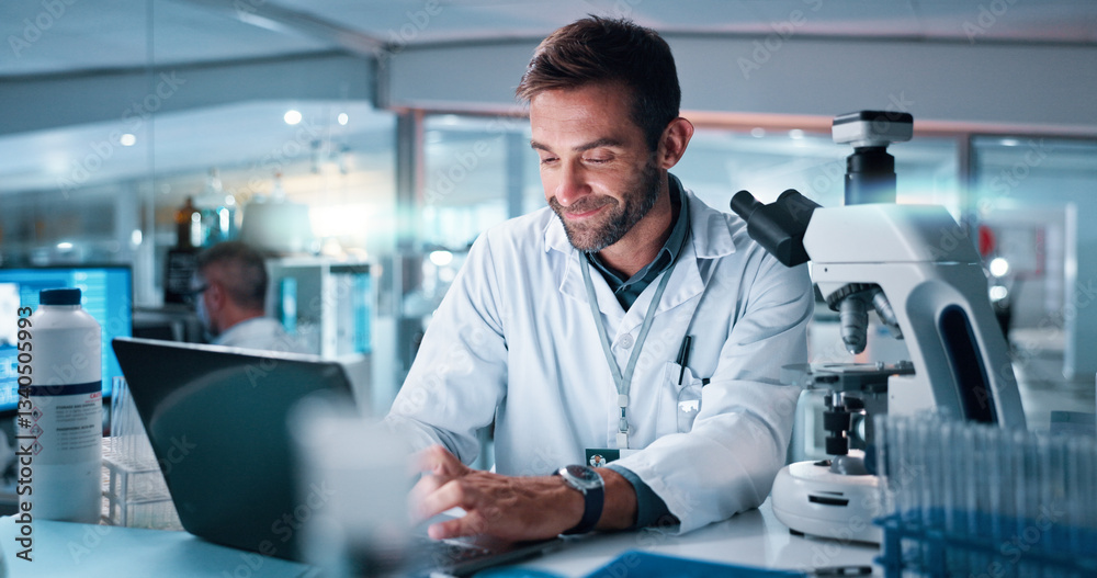 Poster laptop, scientist and man typing in laboratory for research, healthcare innovation and biotechnology