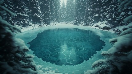 Frozen lake in snowy forest, tranquil winter scene, perfect for backgrounds