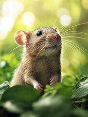 Fototapeta premium Cute Brown Rat Looking Upward Among Greenery Outdoor Portrait