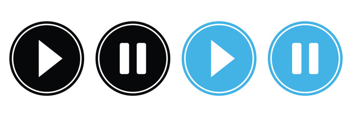 Play and pause icon set. Button for web design. Flat style. Click button isolated. Playlist element. Vector illustration on white background.