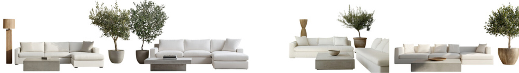 Fototapeta premium This stylish and serene living room features a clean contemporary design with comfortable white sofas potted plants and neutral understated decor elements that create a cozy and harmonious ambiance