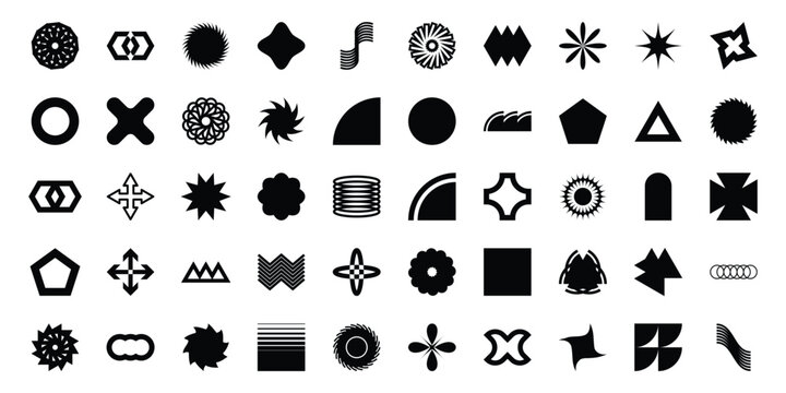 Brutalist abstract geometric shapes and grids. Brutal contemporary figure star oval spiral flower and other primitive elements. Swiss design aesthetic. Bauhaus memphis design. Vector illustration.