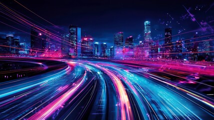 Fototapeta premium Neon Cityscape: Futuristic city bathed in vibrant neon lights with streaks of light trails racing across the skyline, representing speed and movement.