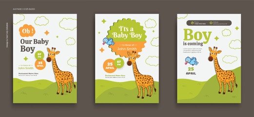 Set of baby shower invitation card design, poster, design template with cartoon Giraffe, bird colorful background. It's a boy vector illustration design
