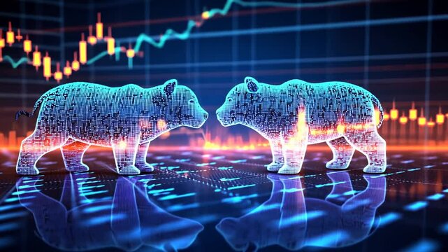Digital bull and bear facing each other, stock market trend analysis concept, futuristic trading chart