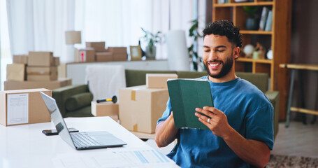 Fototapeta premium Happy man, boxes or logistics with tablet for small business distribution or delivery checklist at home. Male person, distributor or supplier with laptop, technology or stock for shipping service app