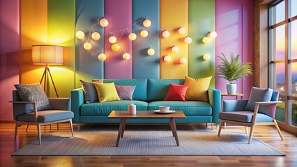 Modern Light Living Room, Colorful Furniture, Bokeh Effect Stock Photo