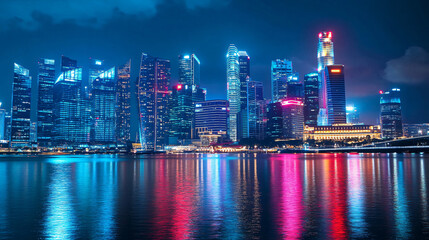 Skyline Symphony: A breathtaking panorama of a modern metropolis shimmers at twilight. Skyscrapers reflect in the water, their neon lights painting a vibrant spectacle.
