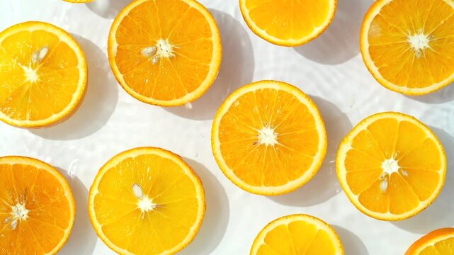 Close up video of mandarin slices surrounded by water ripples. White background with half oranges placed on water waves.