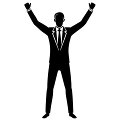 Silhouette of an entrepreneur standing confidently with both hands raised in victory, symbolizing success and achievement