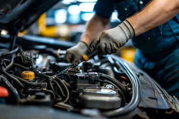 Obraz premium Mechanic tests motor functions. The factory air is filled with soft vibrations