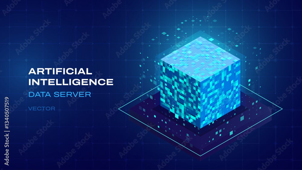 Fototapete Artificial Intelligence Server 3D Cube Isometric Icon. Big Data Server Storage. Machine Learning Algorithms and Data. Technology and Computer Science Icon Design. Vector Illustration.