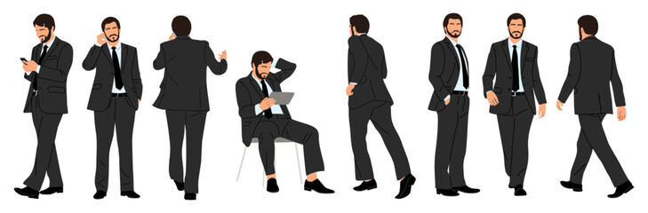 Set of Businessman character in different poses. Handsome man wearing formal suit standing , running, sitting, using phone, front, back and side view. Vector realistic illustration isolated