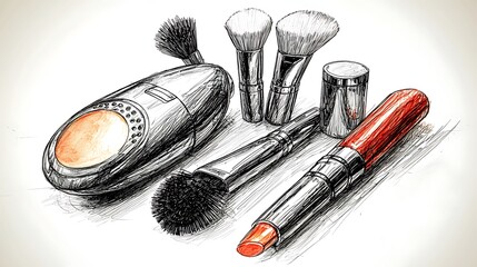 Makeup Brushes and Lipstick, Hand-drawn Illustration