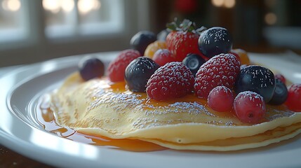 Delicious fruit pancakes by window