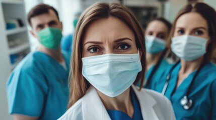 Group of doctors with face masks looking at camera, corona virus concept.