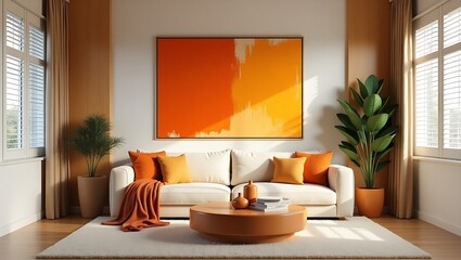 Bright and Cozy Living Room with Beige Sofa and Orange Artwork
