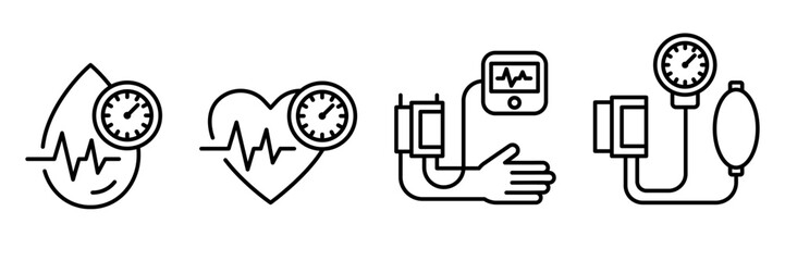 Blood pressure black line icon set on white background. Blood pressure logo, label, badge, symbol, banner, circle, black, thin, vector, isolated illustration.