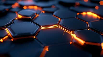 Fototapeta premium Abstract Hexagon Fusion: A close-up view of a futuristic design comprised of interconnected, glowing hexagon shapes, rendered with cutting-edge technology and a dynamic, abstract aesthetic.