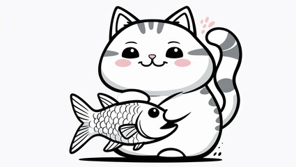 Cute cartoon cat holding fish