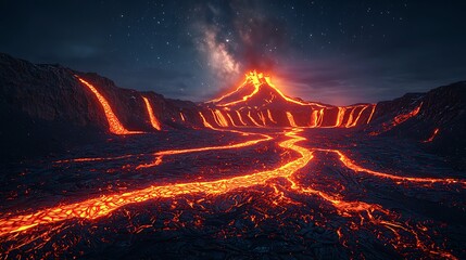 Volcanic eruption at night, lava flows, starry sky. Possible use stock photo