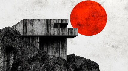 Modern brutalist building sits atop rocky outcrop with red sun