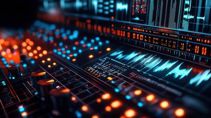 Fototapeta premium Sonic Symphony: A close-up shot of a modern mixing console, its illuminated buttons and displays creating an immersive digital landscape