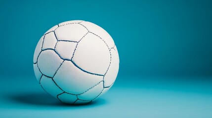 Close-up of white leather volleyball with textured surface on solid blue background, ideal for sports equipment themes, athletic branding, or competitive volleyball concepts




