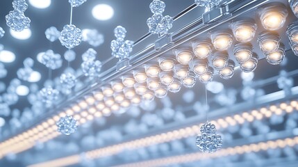 Futuristic lighting system, suspended ceiling, modern interior design, architectural lighting