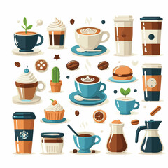 coffee, drink, cup, beverage, hot, morning, caffeine, espresso, cafe, background, black, breakfast, fresh, design, cappuccino, brown, mug, vector, white, mocha, isolated, aroma, set, latte, food, illu