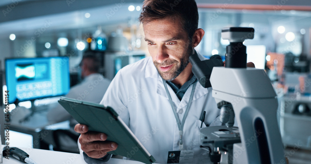 Poster research, scientist and man with tablet, microscope and internet with cure, healthcare and test resu