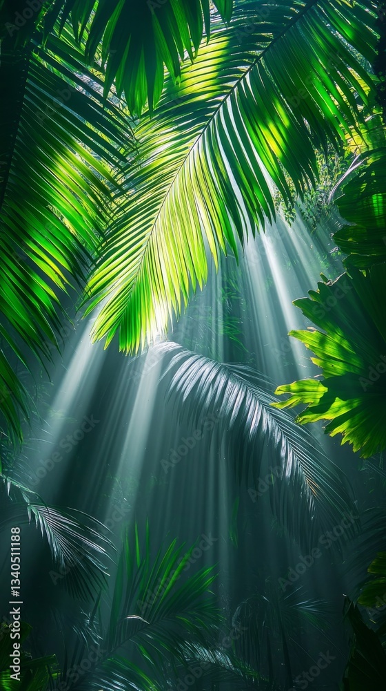 Poster Sunlight filtering through rainforest canopy creating lush green atmosphere