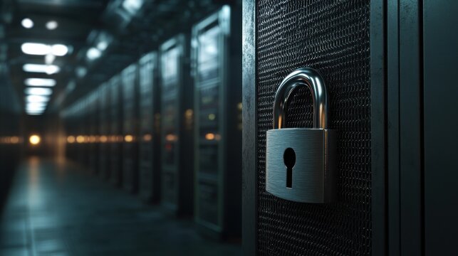 Metal padlock in a data center, safeguarding sensitive information.
