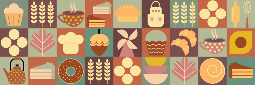 Bakery bread pattern abstract. Pastries and dessert in trendy geometric style - seamless pattern with icons related to bakery, cafe, cupcakes and templates