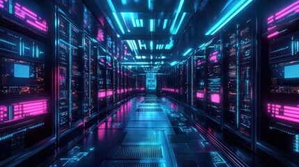 Generative AI illustration of contemporary illuminated supercomputer and central processing unit with glowing schemes in dark room with neon illumination illustration