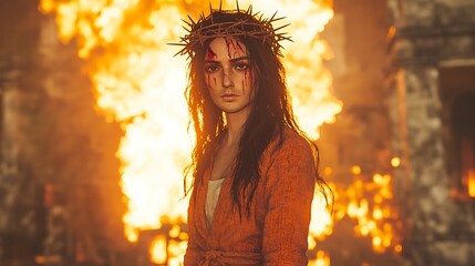 Woman in crown of thorns, fire scene, suffering, dramatic image