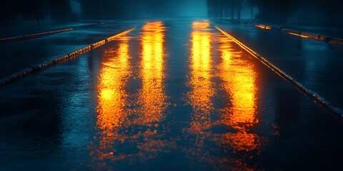 Wet road, night lights, reflections