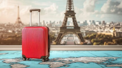 Red suitcase is standing on a world map with the eiffel tower and a cityscape in the background, celebrating world tourism day illustration