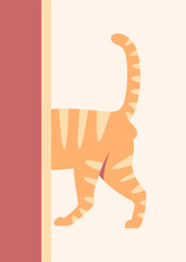 A curious orange cat playfully hides behind a wall, leaving only its tail and hind legs visible