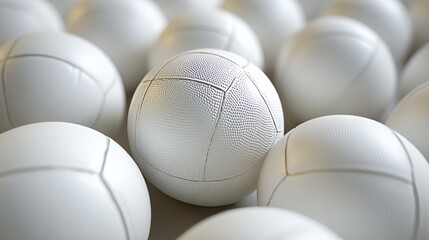 Close-up of white leather volleyballs on indoor wooden court floor, ideal for team sports, athletic training, volleyball practice, and indoor gym equipment concepts
