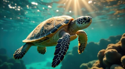 A majestic sea turtle gracefully glides through the vibrant, sunlit ocean, its shell adorned with intricate patterns, a breathtaking underwater spectacle of nature's artistry.
