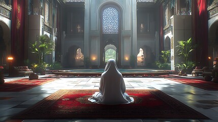 Person in prayer, ornate interior, sunlight,  historical location, stock photo