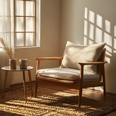 Cozy reading nook with a mid-century inspired armchair and sunlit ambiance