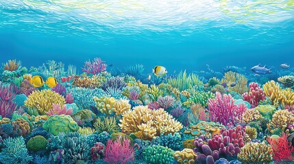 Obraz premium Vibrant underwater scene showcasing colorful coral reefs and marine life beneath a shimmering surface.