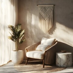 A tranquil reading nook with mid-century modern furnishings and natural decor.