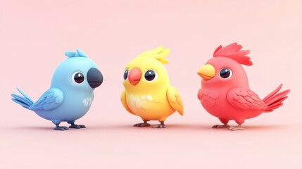 Three stylized cartoon birds of different colors standing together