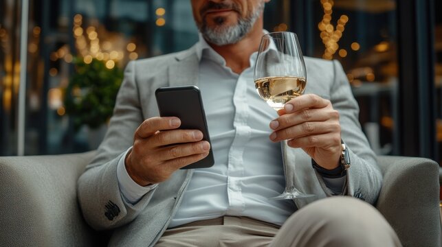 A man in a suit is holding a glass of wine and looking at his phone
